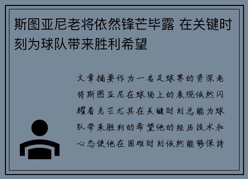 斯图亚尼老将依然锋芒毕露 在关键时刻为球队带来胜利希望